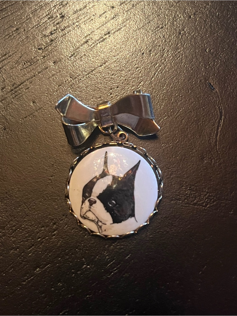 Vintage Gold Tone Bow Brooch with Black & White Dog Cameo Boston Terrier